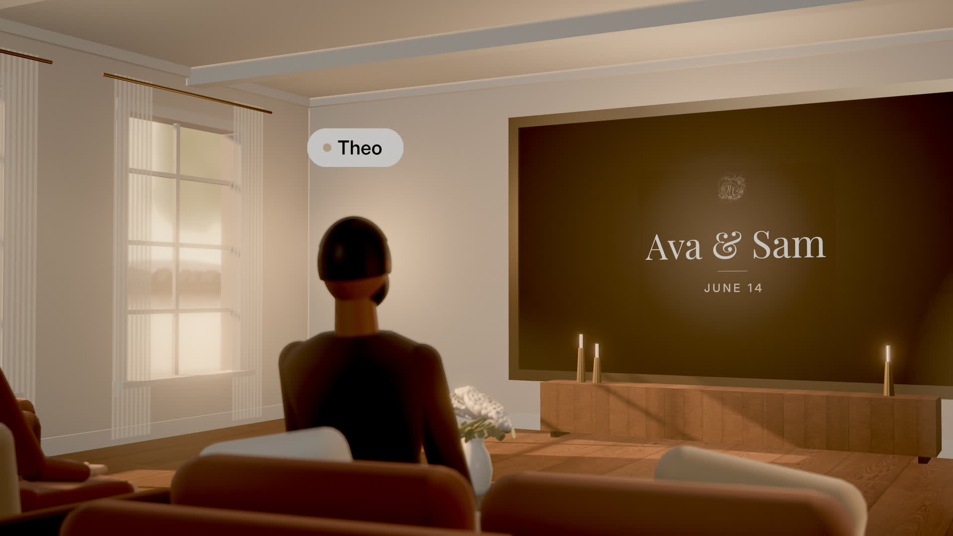Premiere Room concept: a guest seated in a cream screening lounge facing a large screen titled with sample names, Ava & Sam, June 14; another guest, Theo, is in the room.