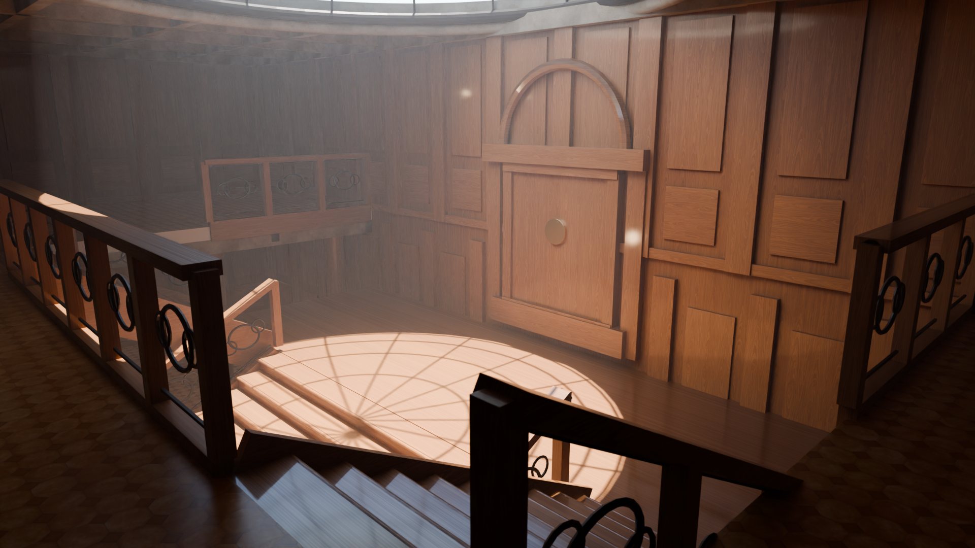 Concept render of an ocean liner's grand staircase, seen from the gallery: oak-panelled walls, iron ring balustrades, and dome light falling across the landing below.