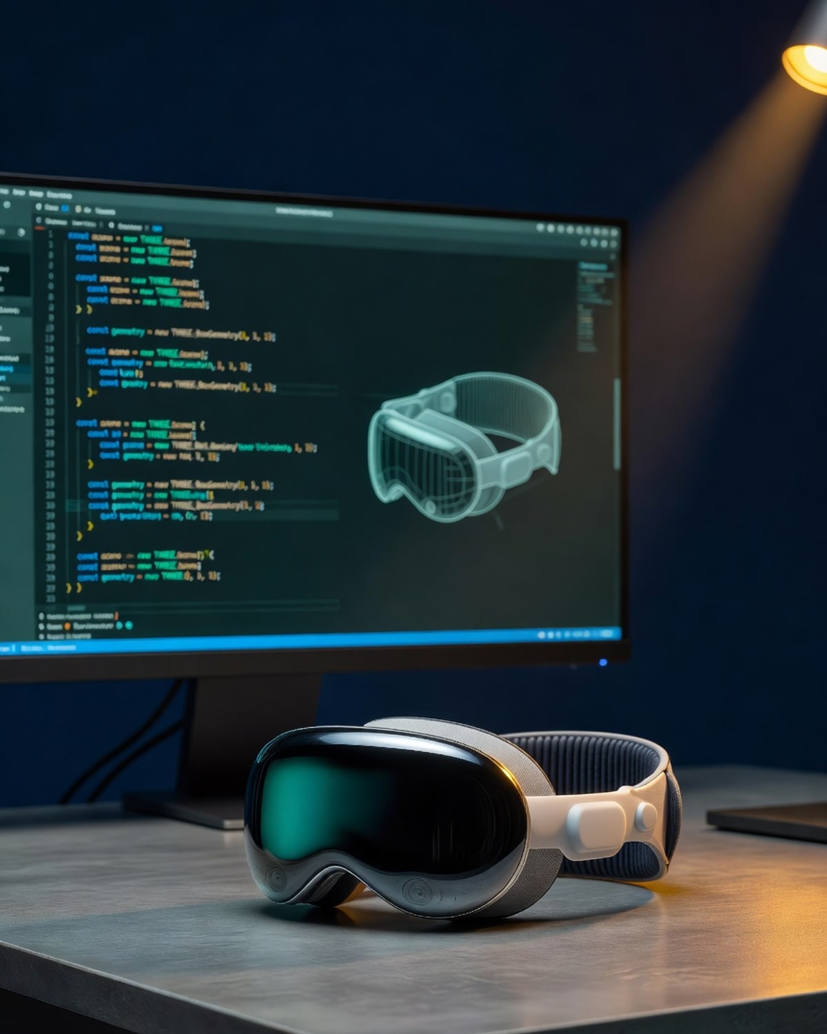 Apple Vision Pro on a slate desk beside a monitor showing live three.js source code.