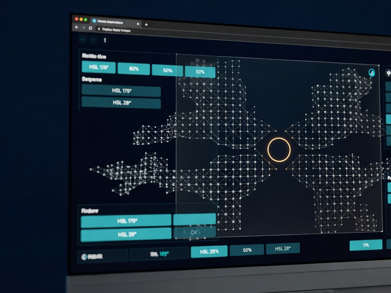 Browser viewport rendering a live WebXR scene with three.js wireframe geometry and teal UI panels.