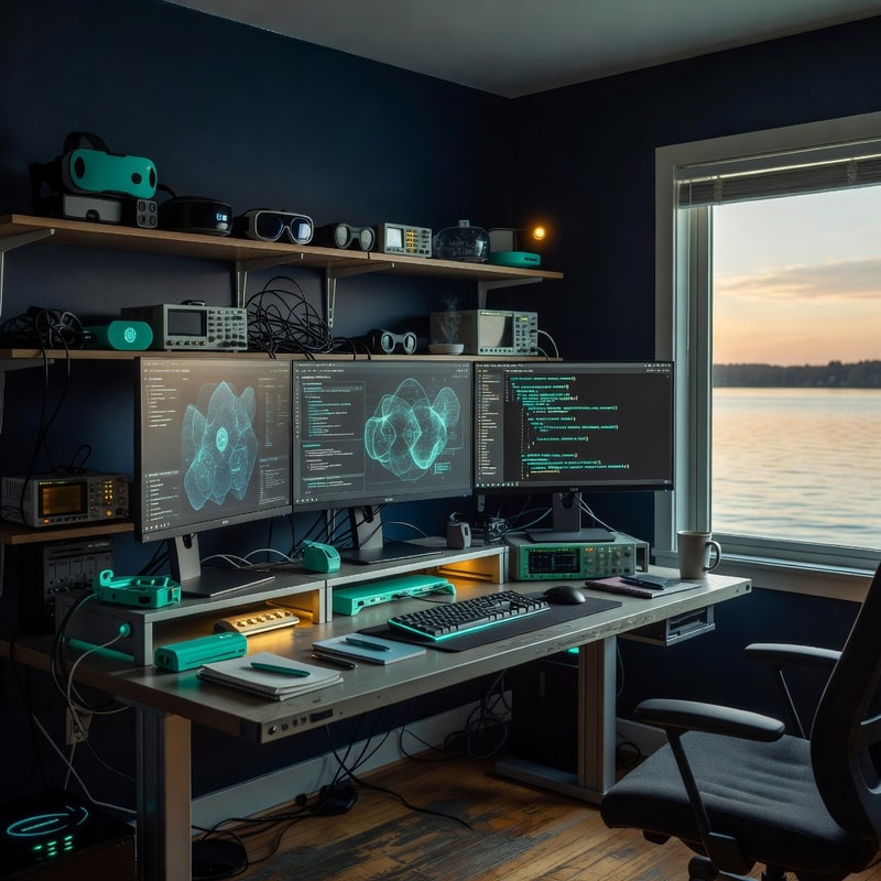Converted home-studio workspace in Wisconsin at golden hour, multi-monitor desk and hardware shelves.