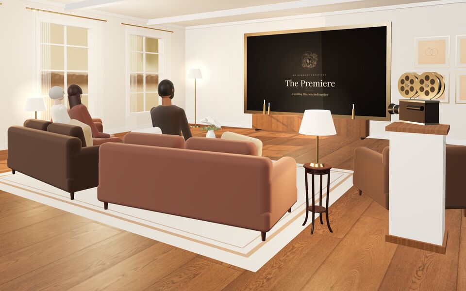 The Premiere Room concept: a cream lounge with sofas facing a gold-framed screen.