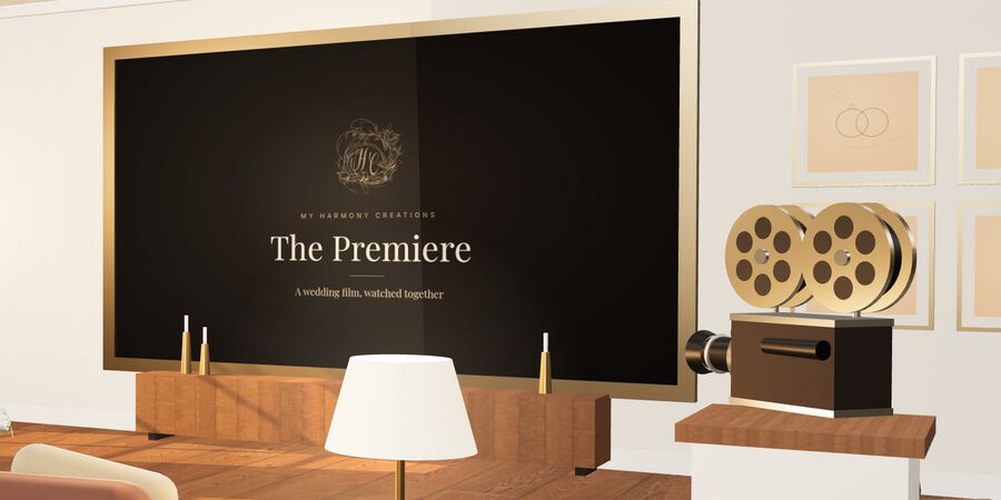 The screen wall of the Premiere Room with a film title on it and a vintage projector beside it.